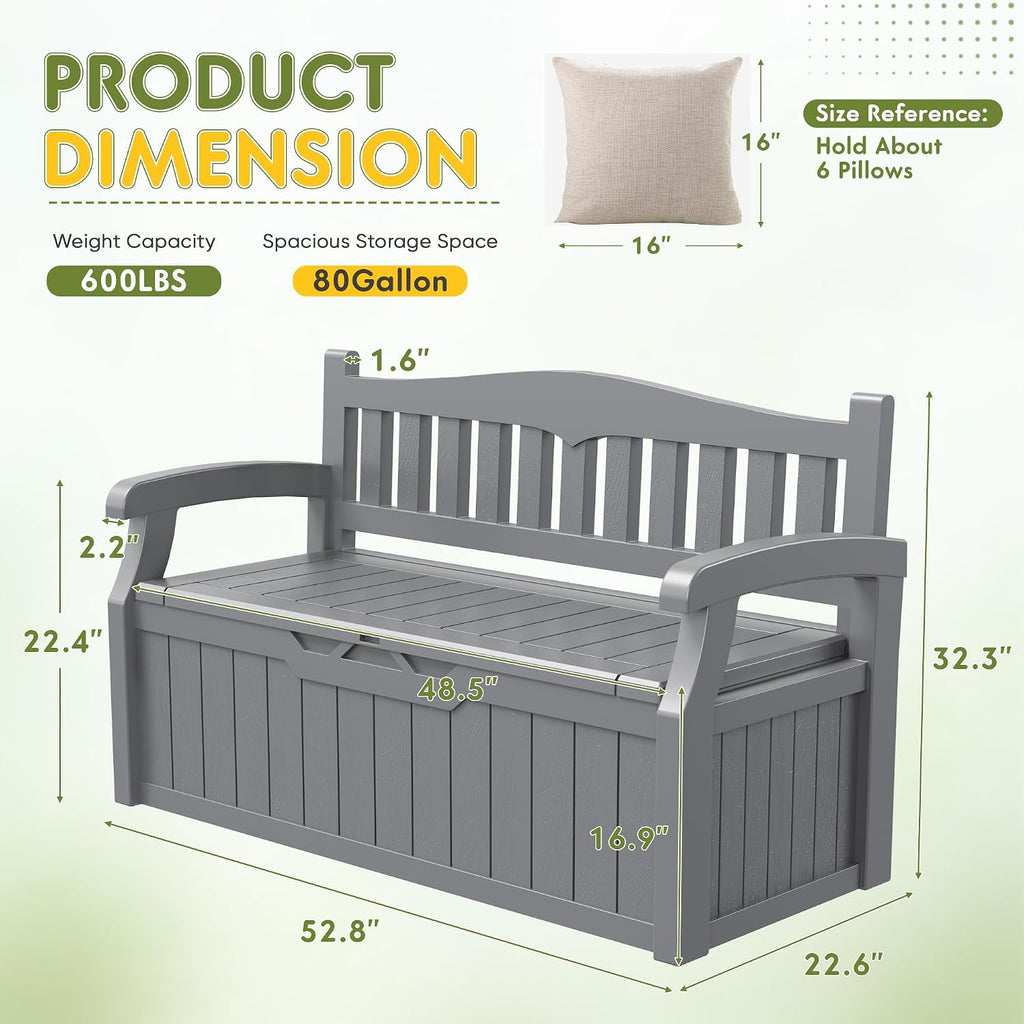 80 Gallon Storage Bench Outdoor Deck Box with Armrest, Grey | Patio Furniture,Lockable, Waterproof and UV Resistant