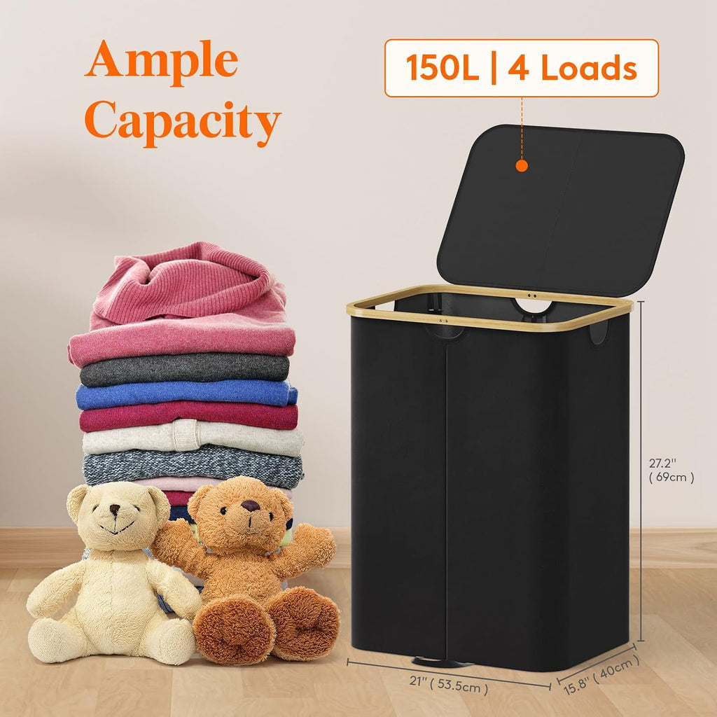 150L Double Laundry Hamper with Lid, Large Laundry Basket with Removable Bag & Bamboo Handles, Fodable Tall Dirty