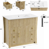 36" Freestanding Fluted Bathroom Vanity with Sink & Drain - Cabinet with 4 Drawers & Door