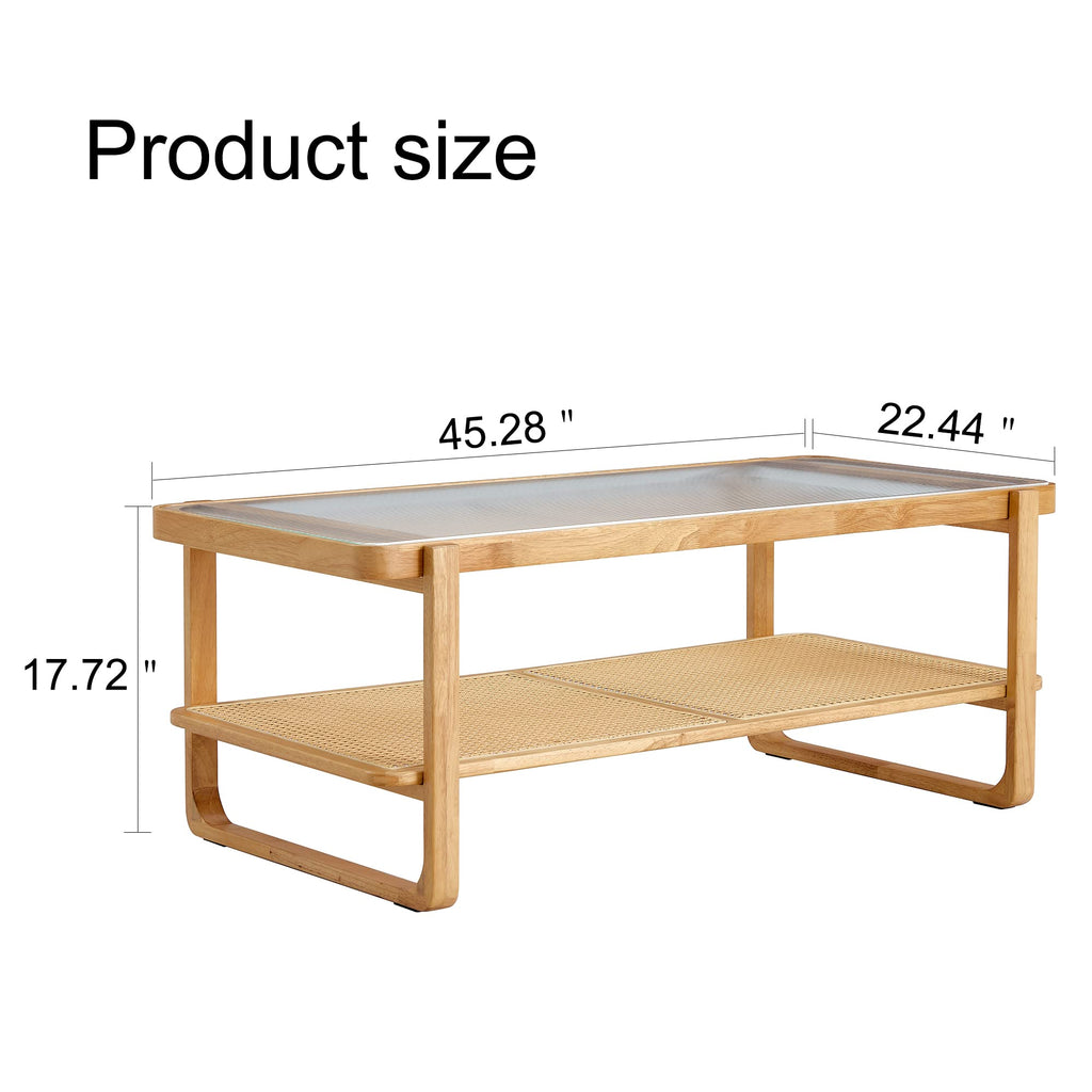 Solid Wood Coffee Table, Modern Rattan Coffee Table with 2-Tier Storage Shelf, Boho Rectangle Coffee Table with Glass