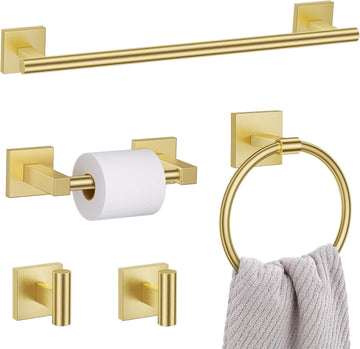 Brushed Gold Bathroom Accessories, Towel Bar Set Wall Mounted | 5 Pieces Bathroom Hardware Set, SUS304 Stainless