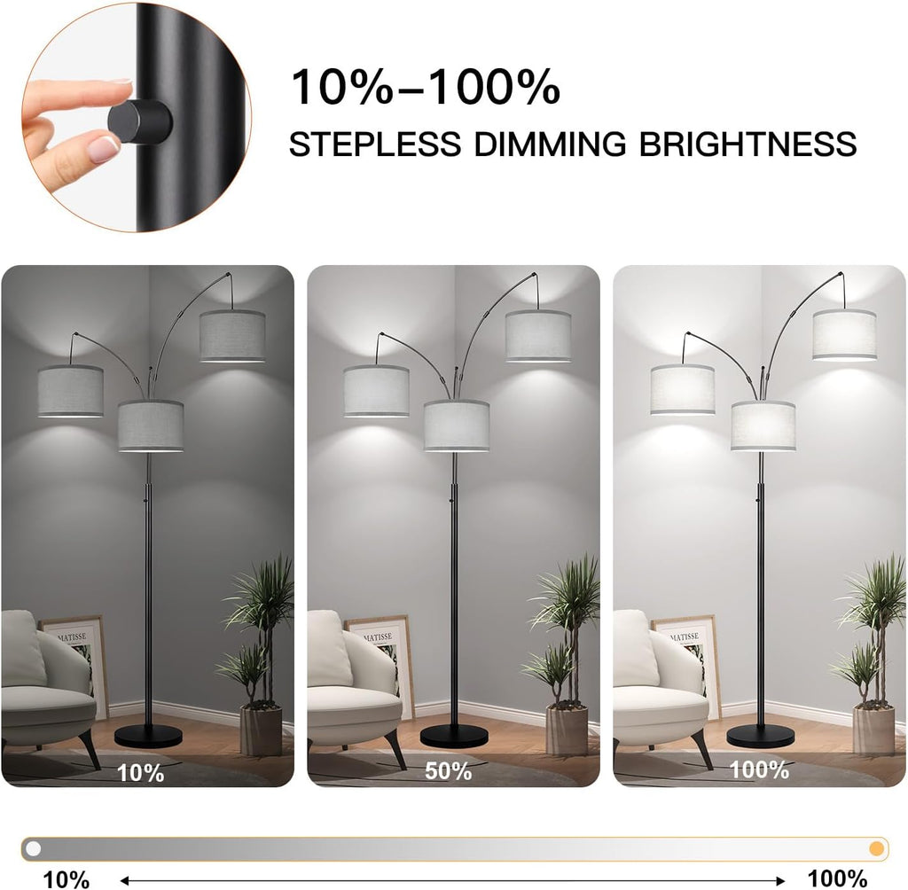 Dimmable Floor Lamp, 3 Lights Black Arc Floor Lamp, Modern Tall Standing Tree Lamp with Grey Linen Shades & Heavy Base