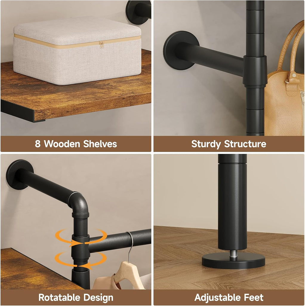 T4 Wall Mounted Closet System, Industrial Pipe Clothing Rack with 8 Wooden Shelves, 4 Drawers & 4 Hanging Rods (2