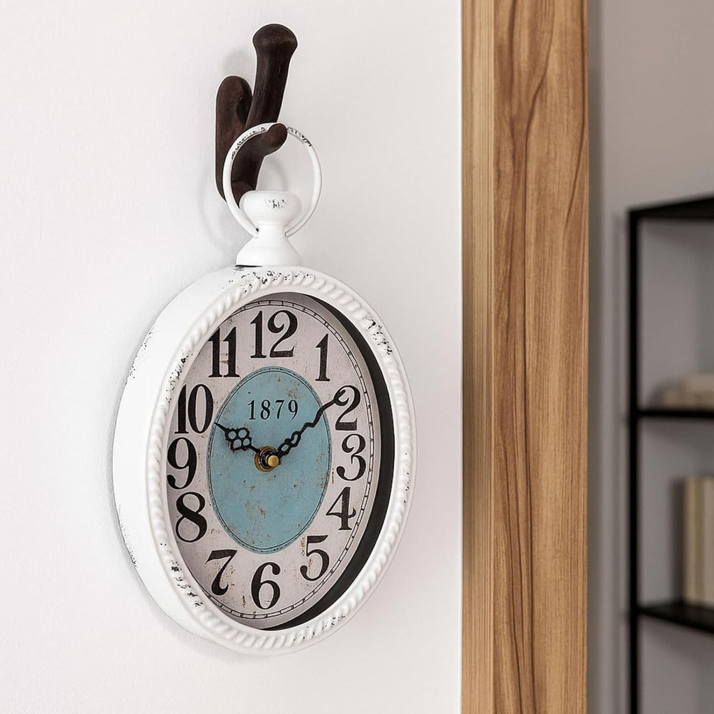 Oval Retro Wall Clock, Rustic Silent Clocks, Elegant Vintage Style, White Antique Design