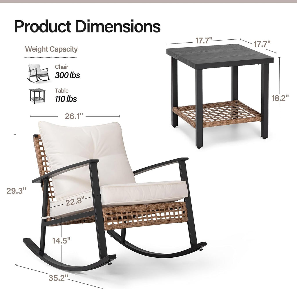 3 Piece Rocking Patio Bistro Set, Outdoor Bistro Sets Wicker Patio Furniture Rocking Chairs Sectional Couch and
