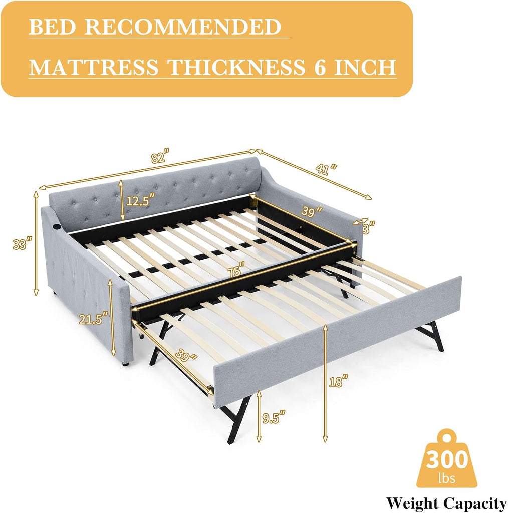 Twin Size Daybed with Pop Up Trundle, Upholstered Daybed with Trundle and USB Charging Ports, Linen Twin Size Sofa