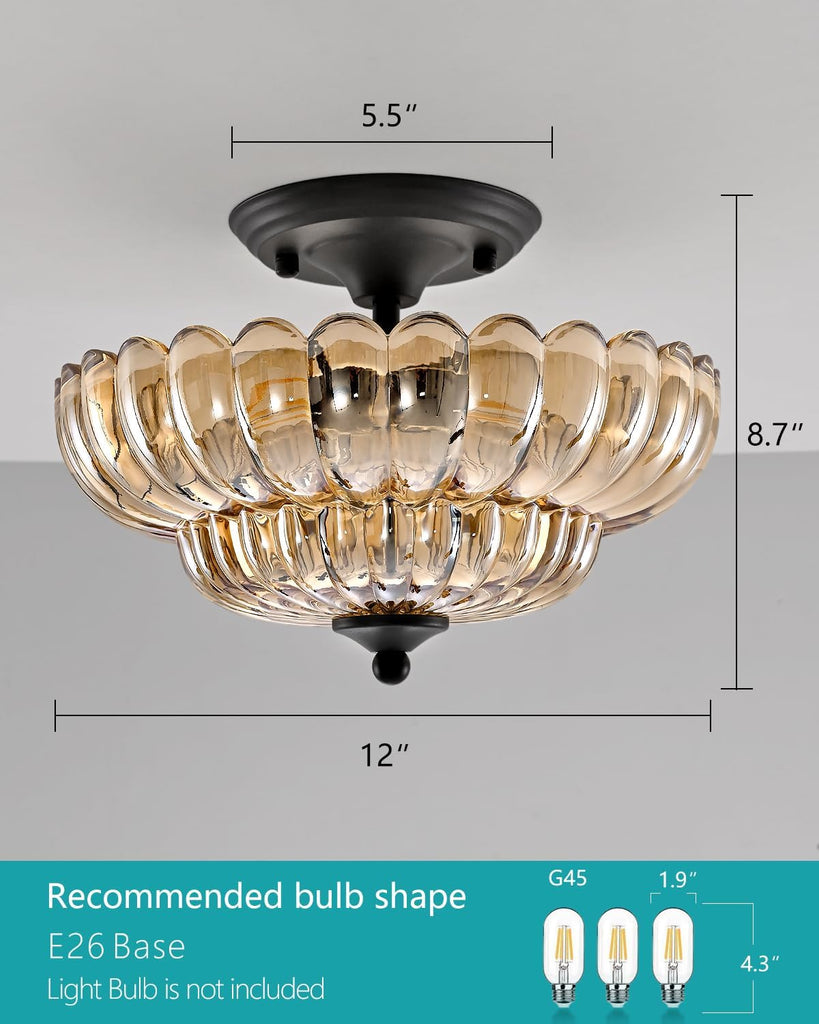 Black Semi Flush Mount Ceiling Light with Amber Glass Shades, 3-Light Modern Farmhouse Chandelier , and Entryway