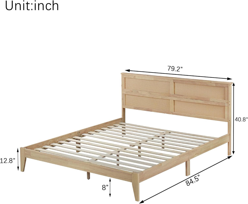 King Solid Wood Bed Frame with Interwoven Rattan Headboard, Rubber Wood Platform Bed with Underbed Storage Space