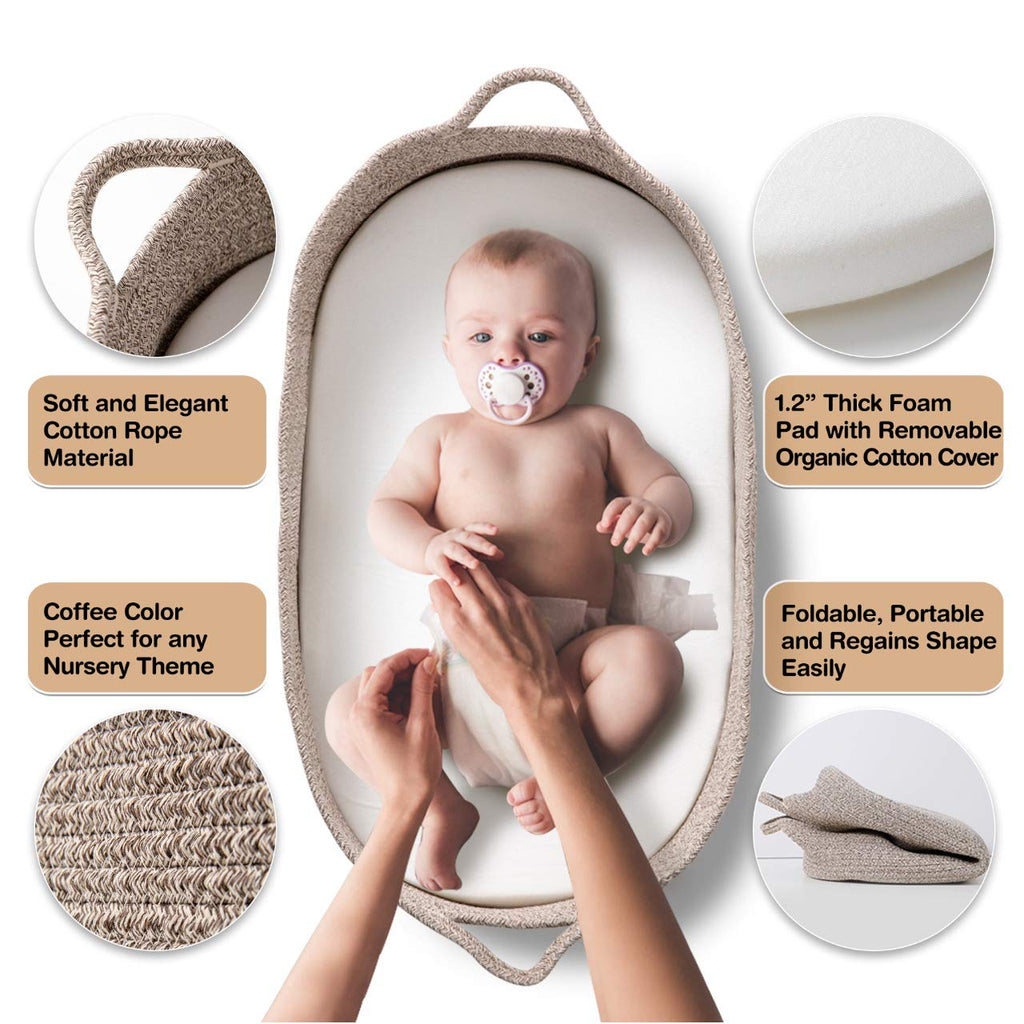Baby Changing Basket - Moses Basket Changing Table Topper and Thick Foam Pad with Removable Cotton Mattress Cover