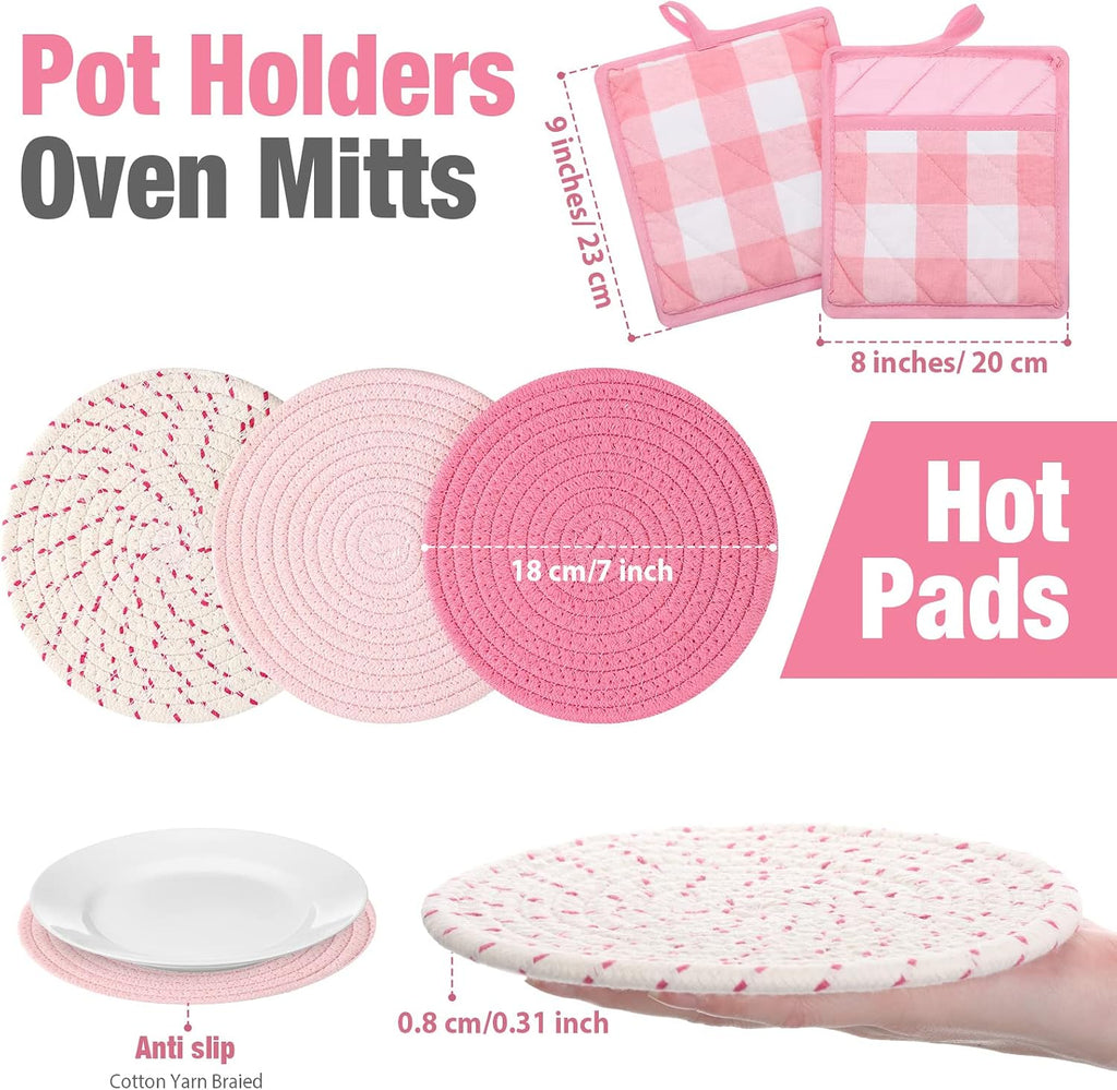 Pink Oven Mitts and Pot Holders 7 Sets, Heat Resistant Kitchen Gloves Pads Pot Holders for Women Gifts Kitchen