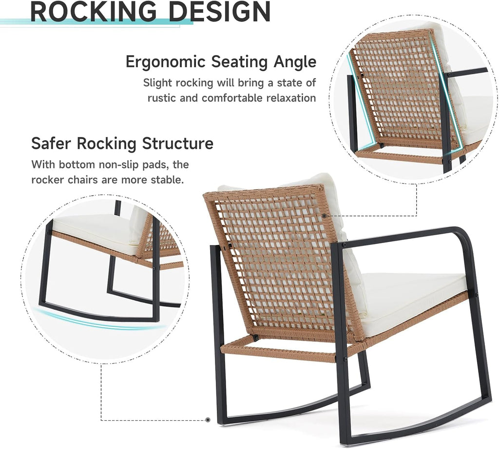 3-Piece Rocking Bistro Set, Small Wicker Patio Furniture Set | Outdoor Patio Rocking Chairs Set, 2-Tier Coffee Table