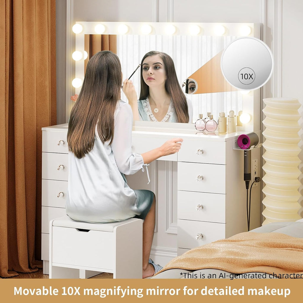 Vanity with Lighted Mirror - 46" Makeup Vanity Desk with Glass Top | Makeup Table with 11 Drawers, 3 Color Lighting