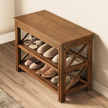 Shoe Rack Bench with Storage 3 Tier Bamboo Shoe Bench Entryway Rustic Entryway Bench (X-Brown, 23.6 Inch