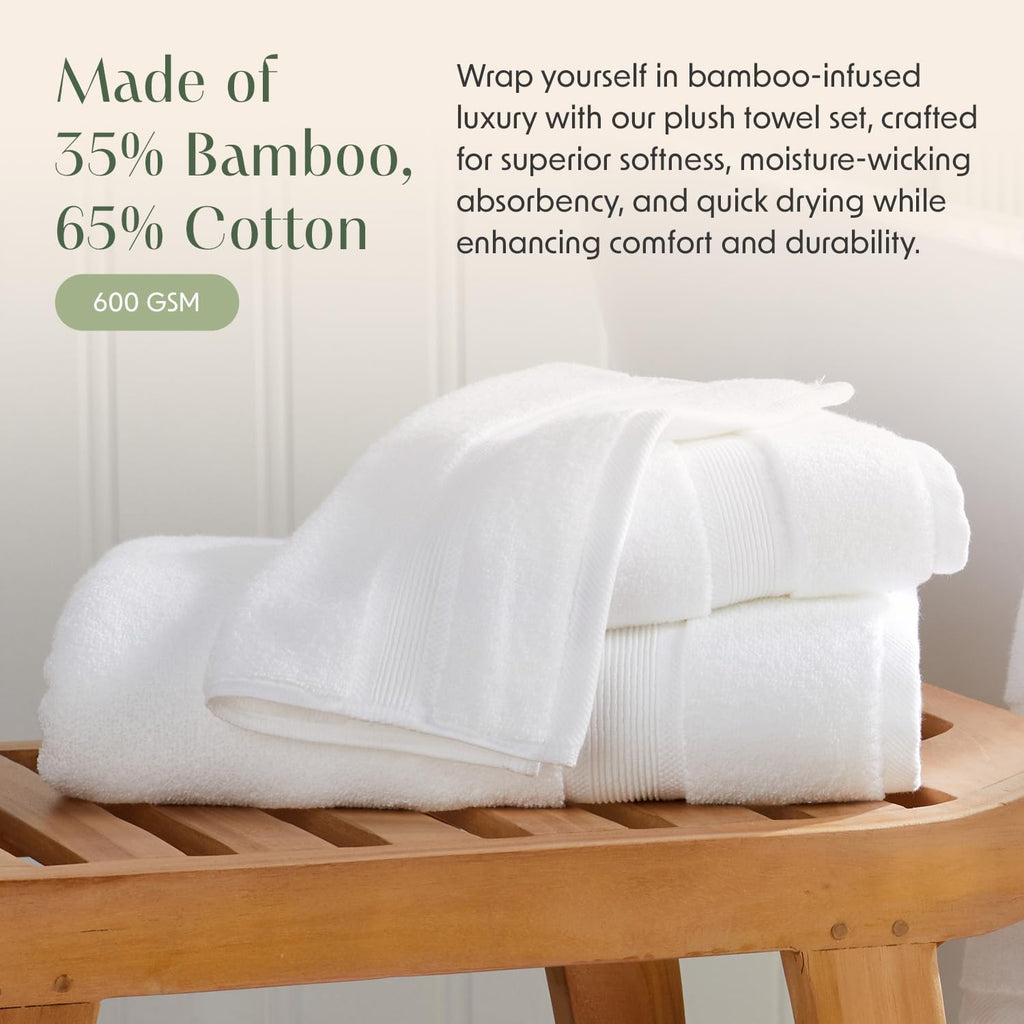 Luxury Bamboo Rayon Plush Bath Towel Set | 4-Pack | White | 35% Bamboo Rayon - 65% Zero Twist Cotton | Absorbent