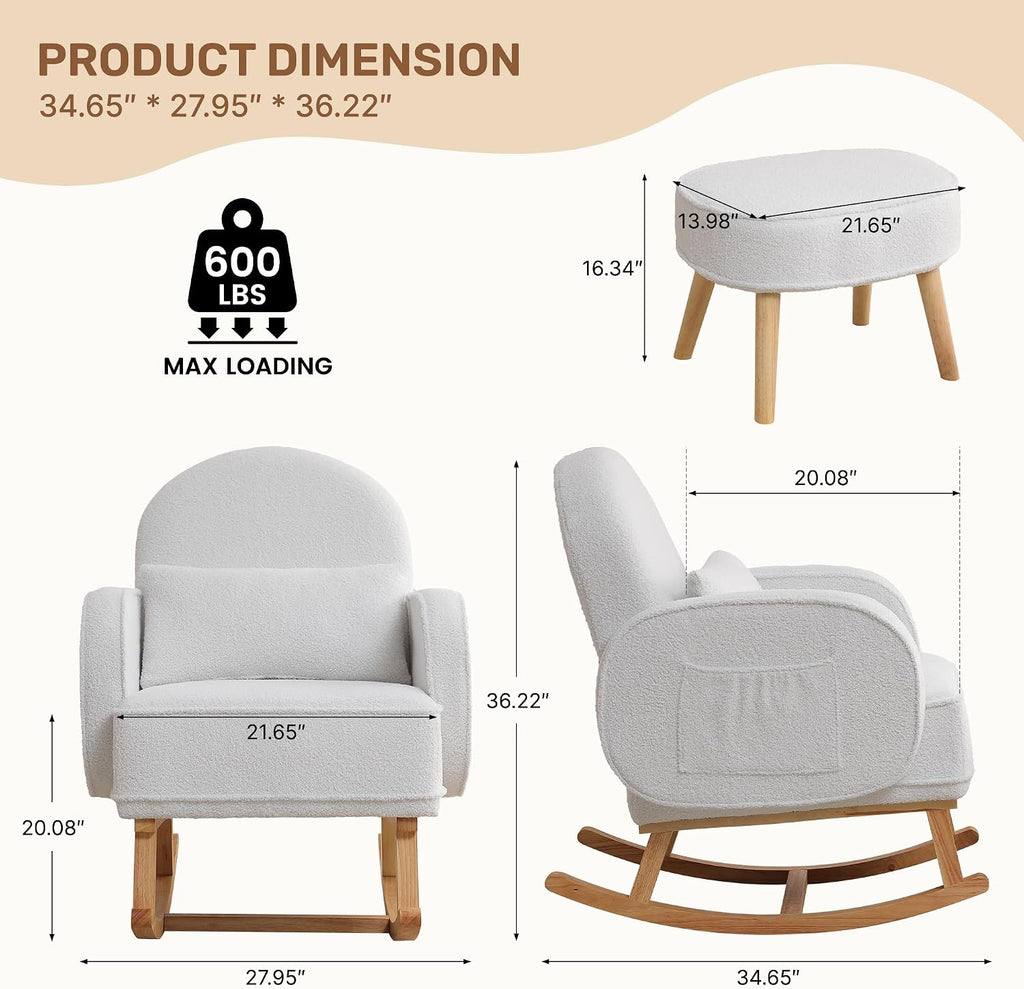 Rocking Chair Nursery with Ottoman Footrest, Upholstered Glider Rocker with High Backrest and Side Pocket, Rocking
