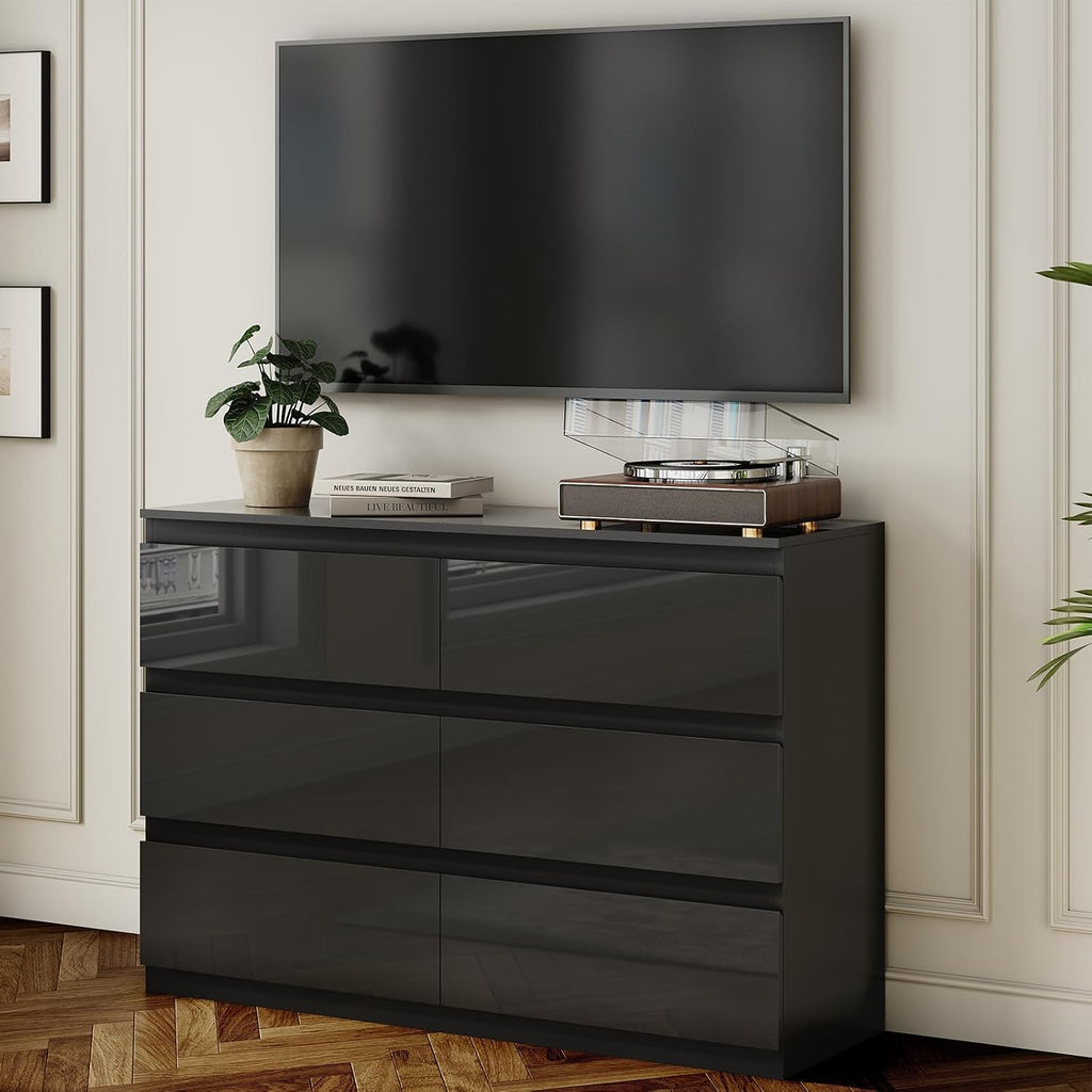 6 Drawer Dresser , 47" Wide Black Wood Chest for Storage | Multi-Functional Storage Organizer, Modern High Gloss
