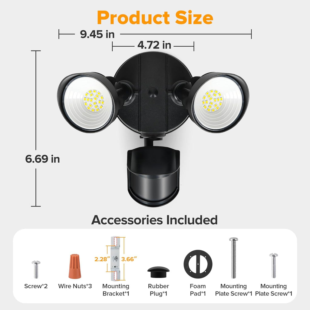 LED Security Light Motion Sensor Outdoor Lights, 27W 3500LM, 5000K, IP65 Waterproof, Dusk to Dawn, 2 Head Motion