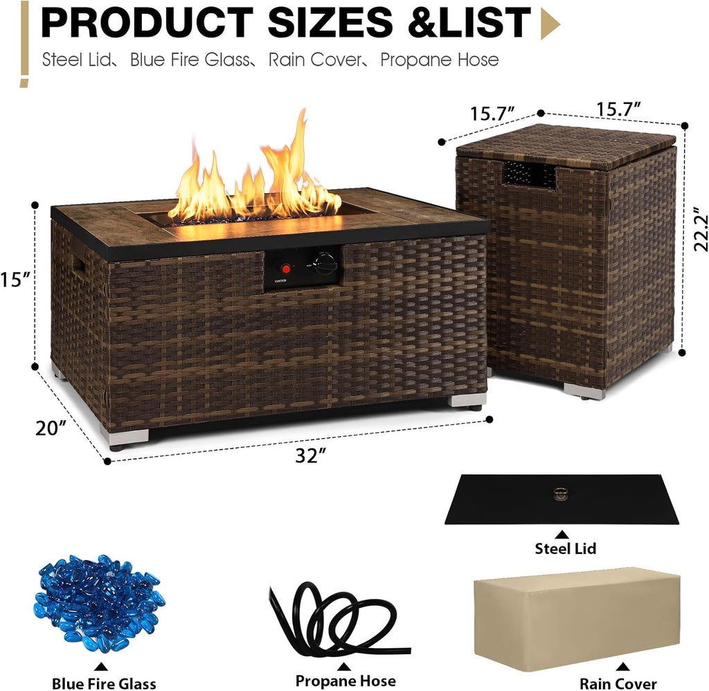 32'' Rattan Wicker Propane Fire Pit Table w/Tank Holder Rectangle