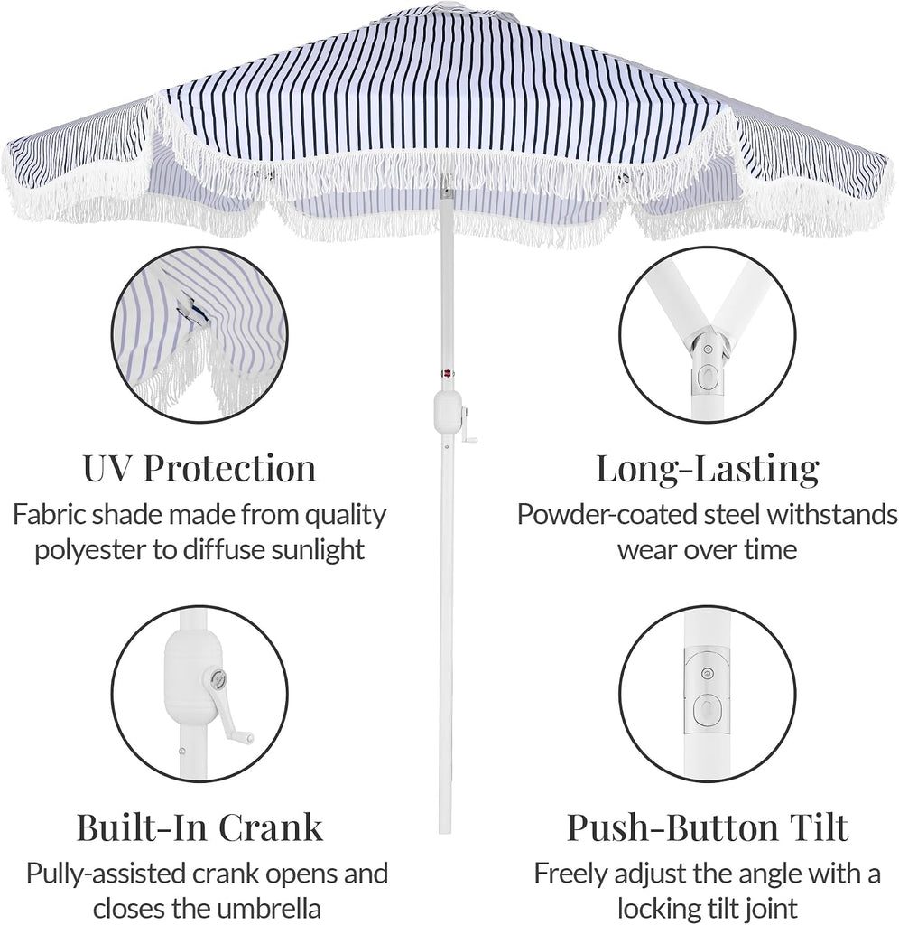 9ft Fringe Market Patio Umbrella - Outdoor Boho Tassel Sunshade for Table, Pool, Deck, Backyard - Navy Pinstripe