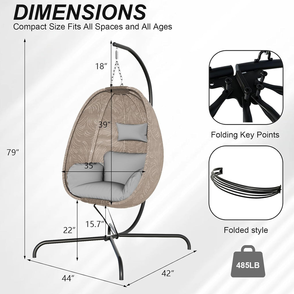 Foldable Egg Chair with Stand, 485LBS Capacity Textilene Hammock Swing Chair for Outdoor & Indoor, Hanging Chair with
