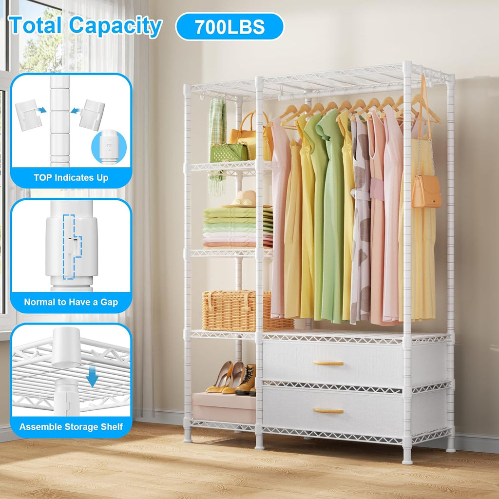 F3 Heavy Duty Clothes Rack(With Fabric Drawers)Freestanding Clothing Racks for Hanging Clothes,Adjustable Closet