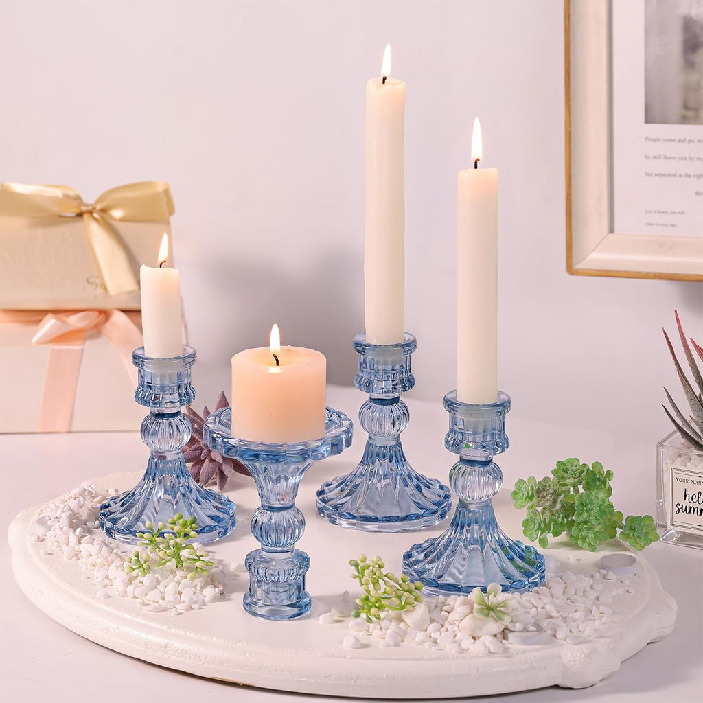 12PCS Blue Candlestick Holders Set- 4" H Taper Candle Holders, Glass Candle Holders Bulk for Wedding, Party, Home
