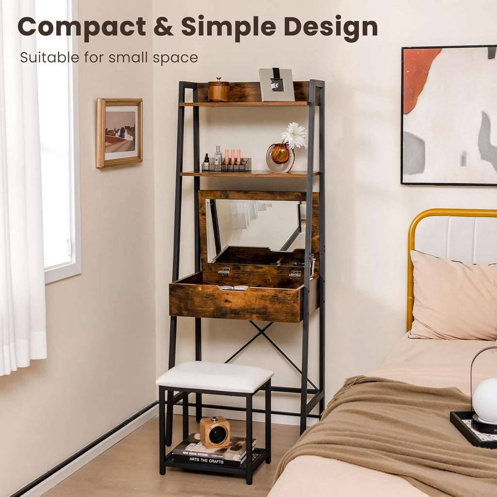 Vanity Desk Set with Flip-up Mirror, Ladder Vanity Table and Cushioned Stool Set w/ 4 Storage Compartments, Small