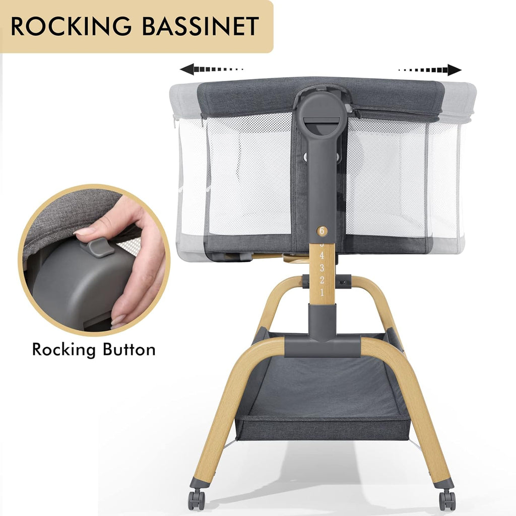 3 in 1 Baby Bassinet, Bedside Bassinet for Baby, Rocking Bassinet with Comfy Mattress and Wheels, 6 Height Adjustable