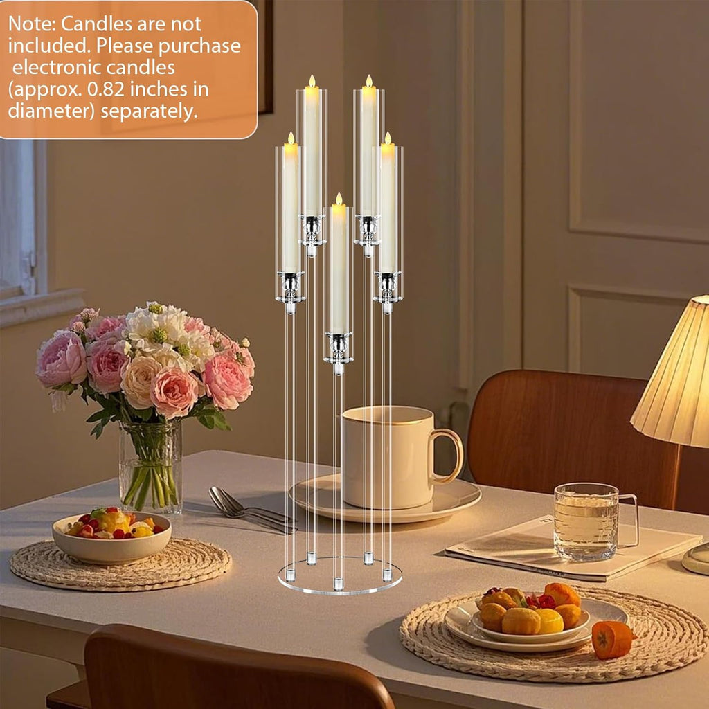 4Pcs 5 Arms Acrylic Candelabra Centerpieces for Tables Decortion,Clear Candle Holder,35 inches Tall Candlesticks