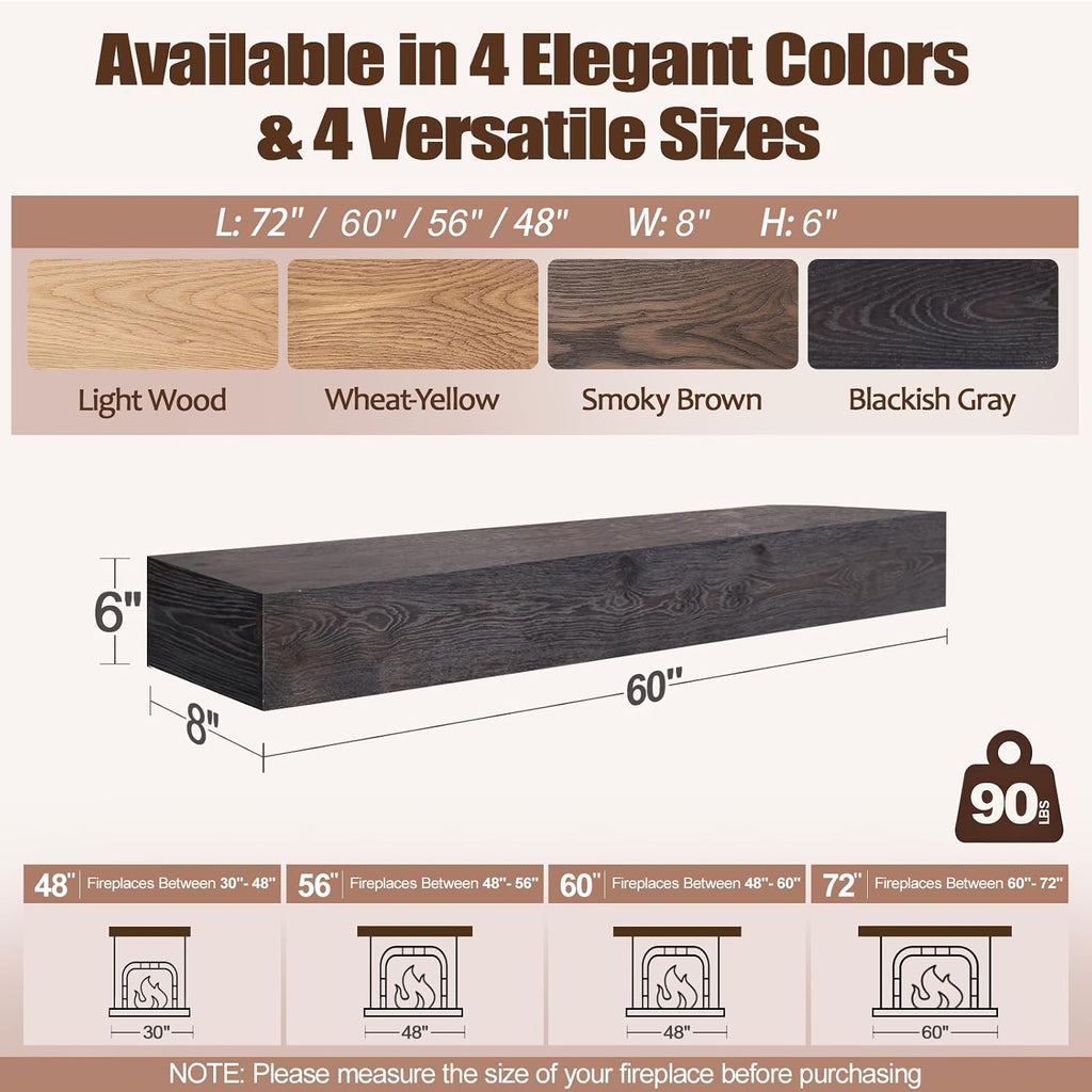 White Oak, 60 Solid Wood Floating Shelf Over the Fireplace, Wall-Mounted Rustic Mantel, Blackish Gray