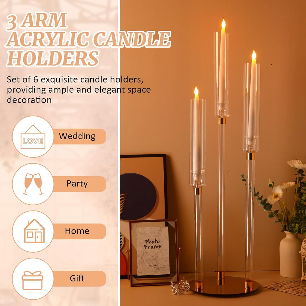 6 Pack Acrylic Candelabra Centerpieces 30.5'' Tall Clear Candle Holder Gold 3 Arm Crystal Candle Holder Candlesticks