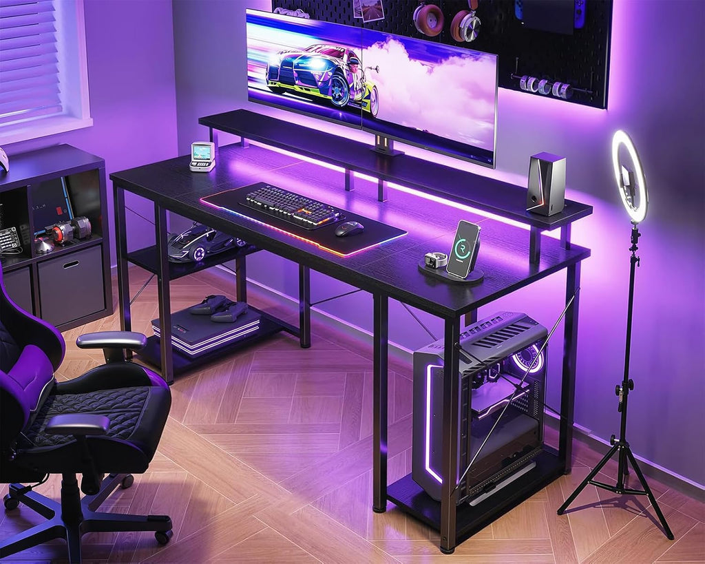 55 Inch Gaming Desk with LED Lights & Storage Shelves, Black | Customizable LED lighting • Raised monitor stand •