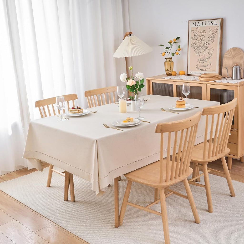 Light Natural Handmade Hemstitch Contemporary Linen Blend Solid Color Tablecloth for Dinner Table, P