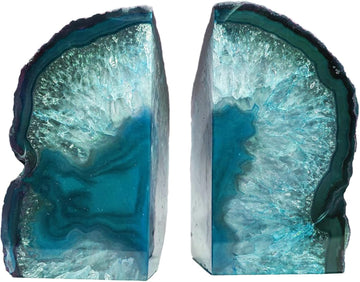 Teal Agate Bookends, Decorative Sturdy Book Ends for Study Shelf | 4-6 Lbs Color-Enhanced Teal, Brazilian Agate