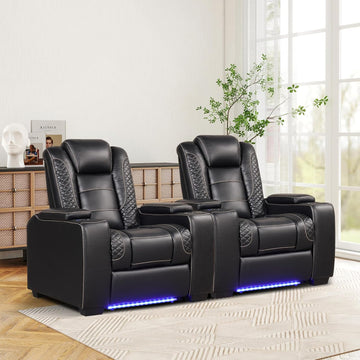 Power Home Theater Seating Set of 2, PU Leather Electric Recliner Chair with Powered Headrest, Dual Motors Movie Reclining Chairs with LED Lights,USB Port, Cup Holders, Hidden Arm Storage (Black)
