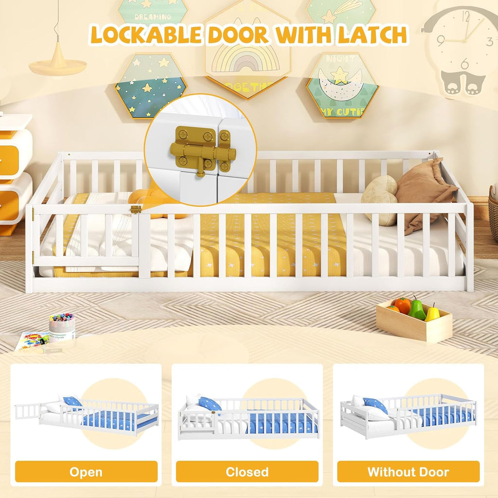 Twin Floor Bed with Fence for Kids, Wooden Montessori Bed Frame with Lockable Door & Guardrails, Low Floor Beds for