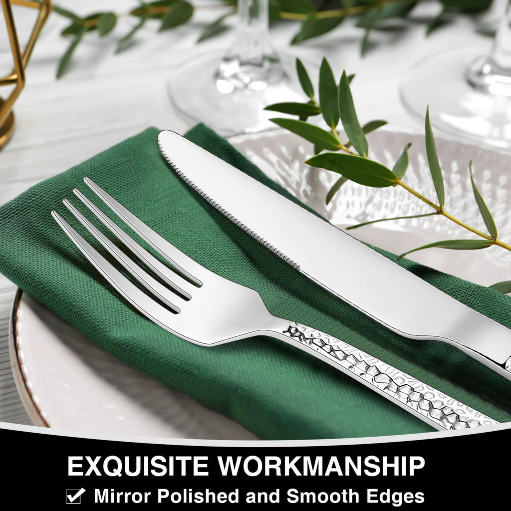 Hammered Silverware Set, 40-Piece Stainless Steel Square Flatware Set for 8, Food-Grade Tableware Cutlery Set