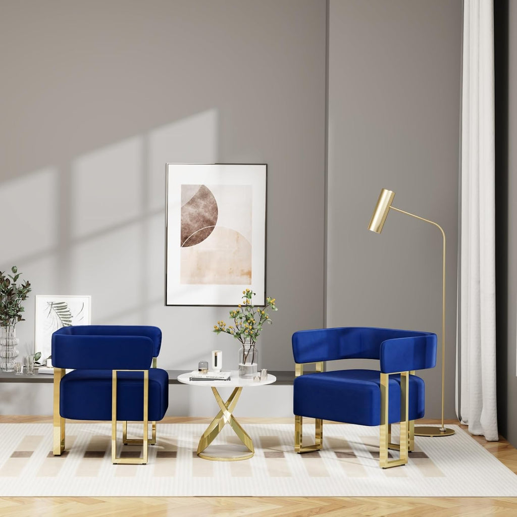 Modern Navy Blue Velvet Accent Chair Set of 2, Barrel Chairs Set of 2, Arm Side Chairs Bedroom (2, Blue)