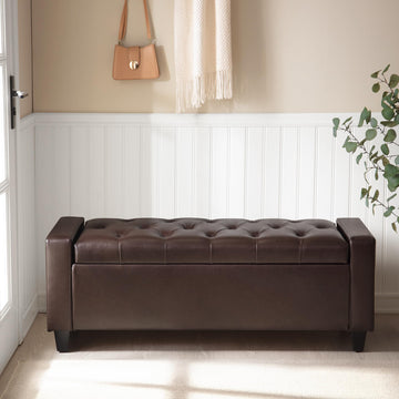 Ottoman with Storage, PU Leather Storage Bench(Dark Brown)