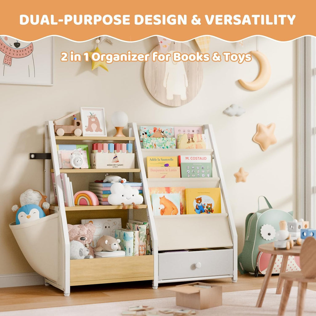 Kids Bookshelf and Toy Storage - Toddler Baby Bookcase | Book Shelf for Kids Rooms, Montessori Toy Organizer