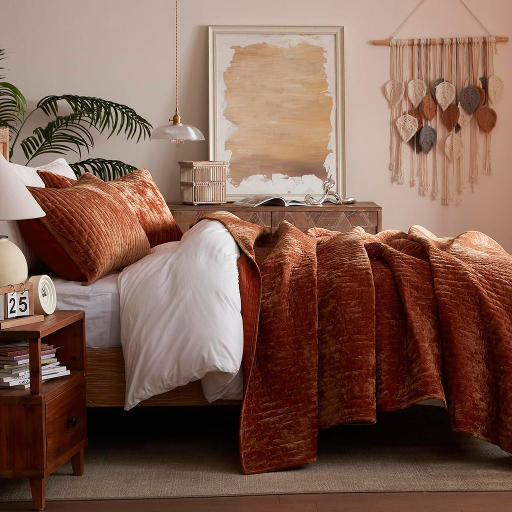 Velvet Quilt California King 118''x106'', Lightweight Burnt Orange Velvet Comforter Set with 2 Matching Shams, Soft