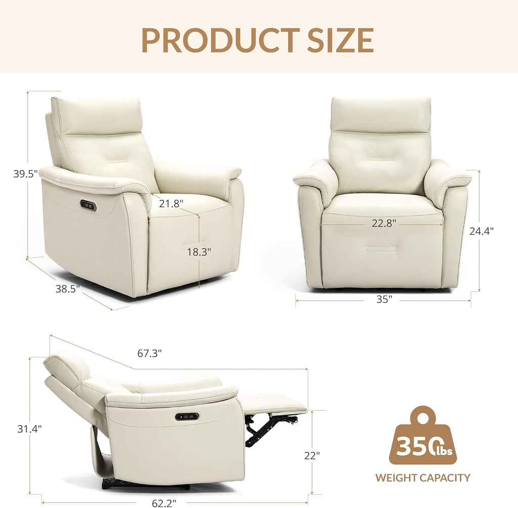 Genuine Leather Recliner Chair, Electric Power Recliner Chairs for Adults, Comfortable Single Sofa Chair with USB