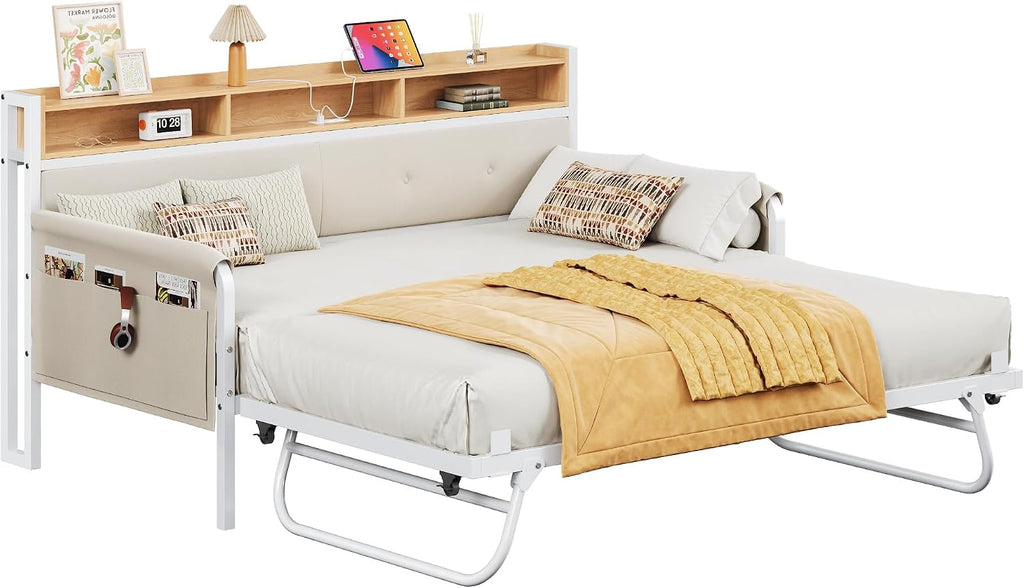 Daybed with Trundle, Twin Bed Frame,White | with Upholstered Headboard and Charging Station, Sofa Day Bed with Strong