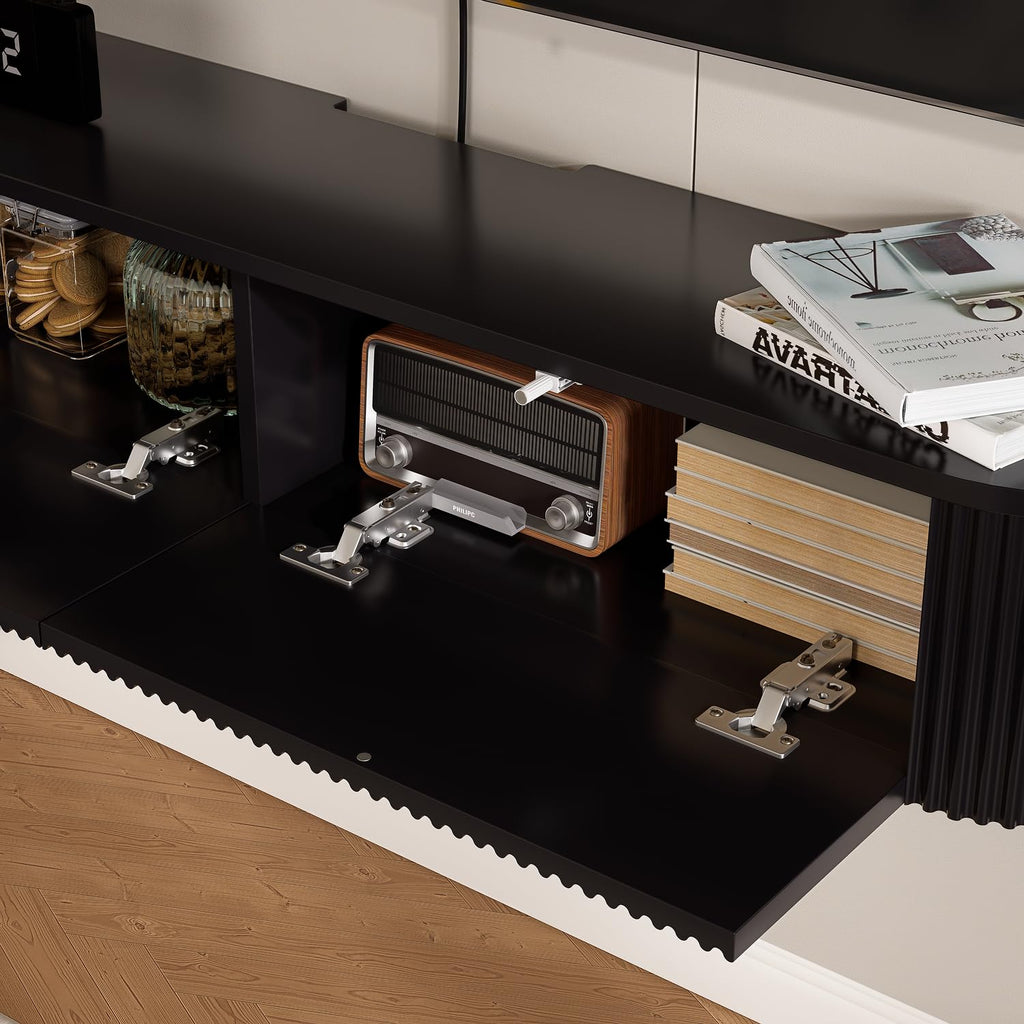 Fully Assembled 47 Inch Floating TV Stand with 2 Flip-Down Doors, Matte Black Wall Mounted Media Console, Modern