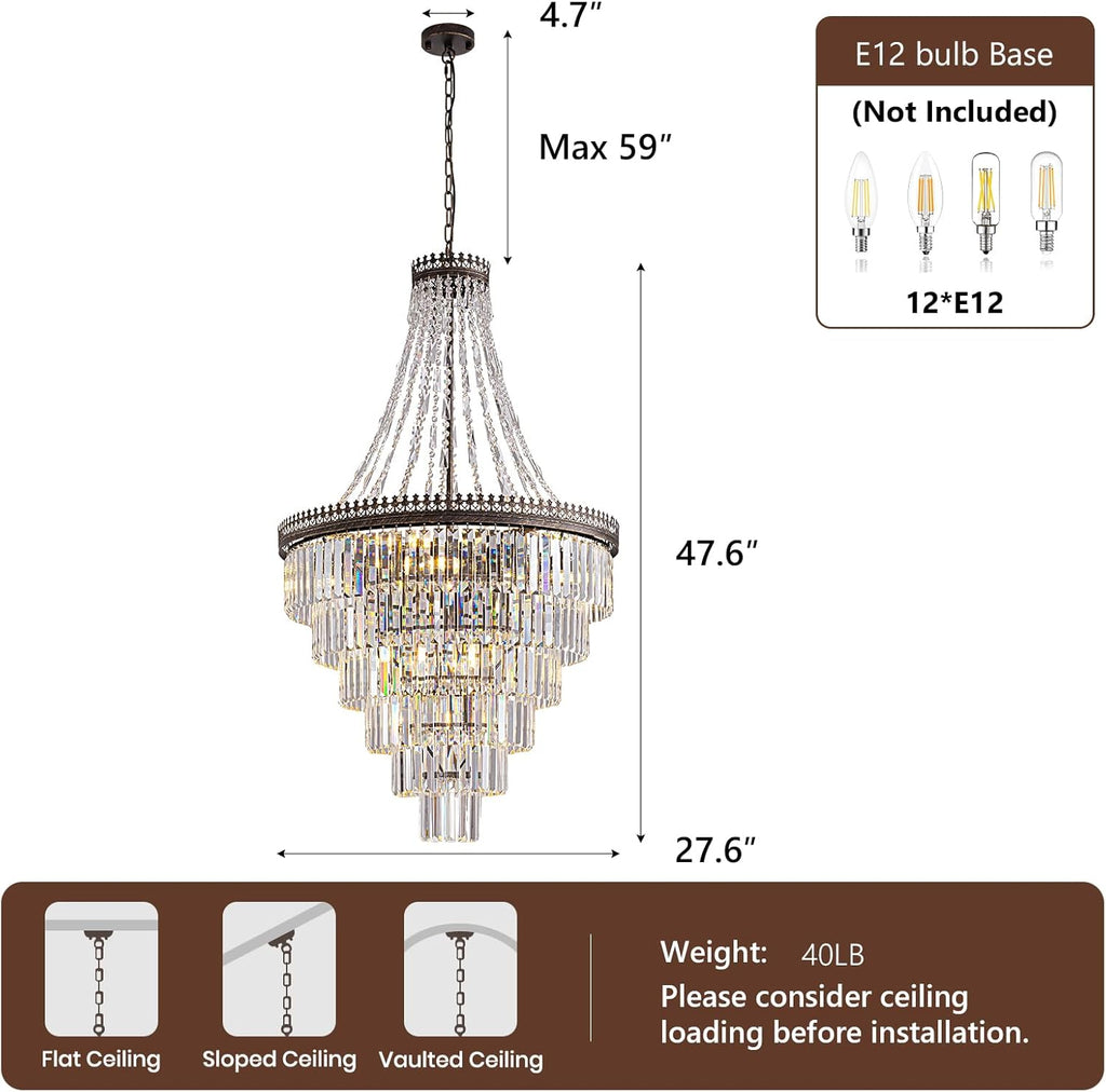 Foyer Vintage Crystal Chandelier, 6-Tier Antique Bronze Staircase French Empire Chandeliers for High Ceilings Entryway Foyer Lighting Fixtures, 28" W x 48" H