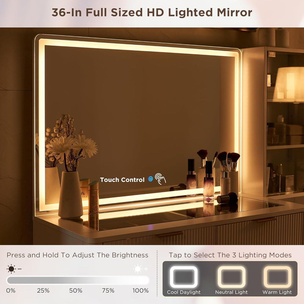 Fluted Makeup Vanity Desk with 36" HD Lighted Mirror, 48" Big Modern Vanity Desk with Mirror and Lights, Dressing