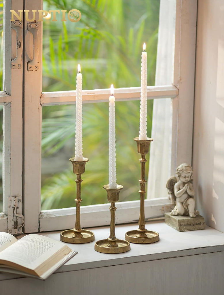 Cast Iron Candlestick Holders: Antique Brass Taper Candle Holders with Unique Drip Wax Aesthetics - Set of 3 Gold