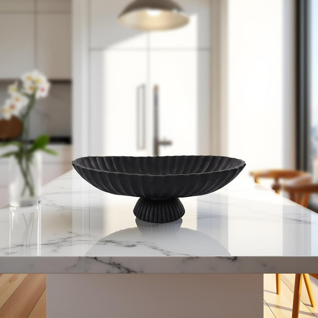 14.5" Large Decorative Long Bowl - Black Fluted Scalloped Decorative Bowls Decor - Ruffle Decor,Stylish Key Bowl for