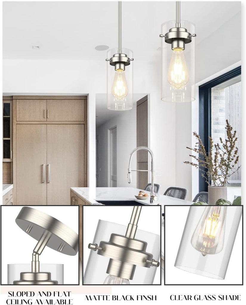 Pendant Light (2 Packs), Kitchen Ceiling Hanging Light, Adjustable Height, Kitchen Light Fixtures Brushed Nickel