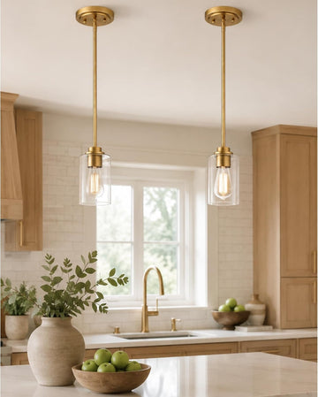 Brass Pendant Lights Kitchen Island 2 Pack, Farmhouse Gold Pendant Lighting with Clear Glass Shade, Mini Hanging